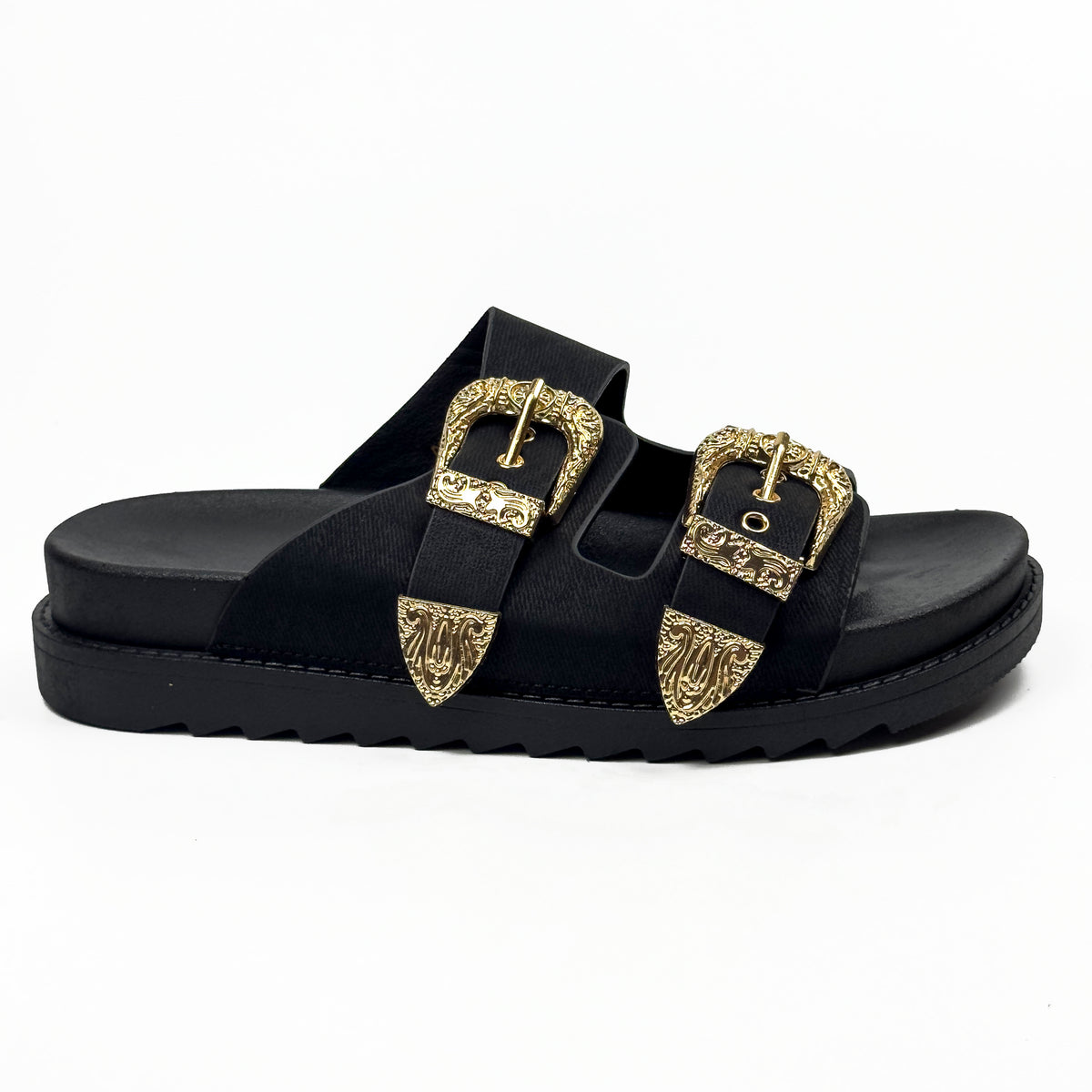 Sandales Mules à Double Bride et Boucles Dorées Cisclées