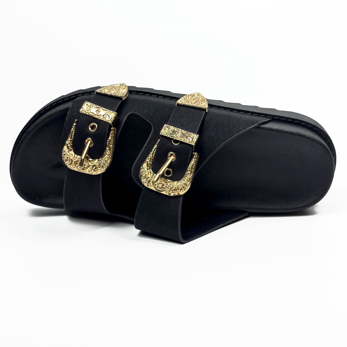 Sandales Mules à Double Bride et Boucles Dorées Cisclées