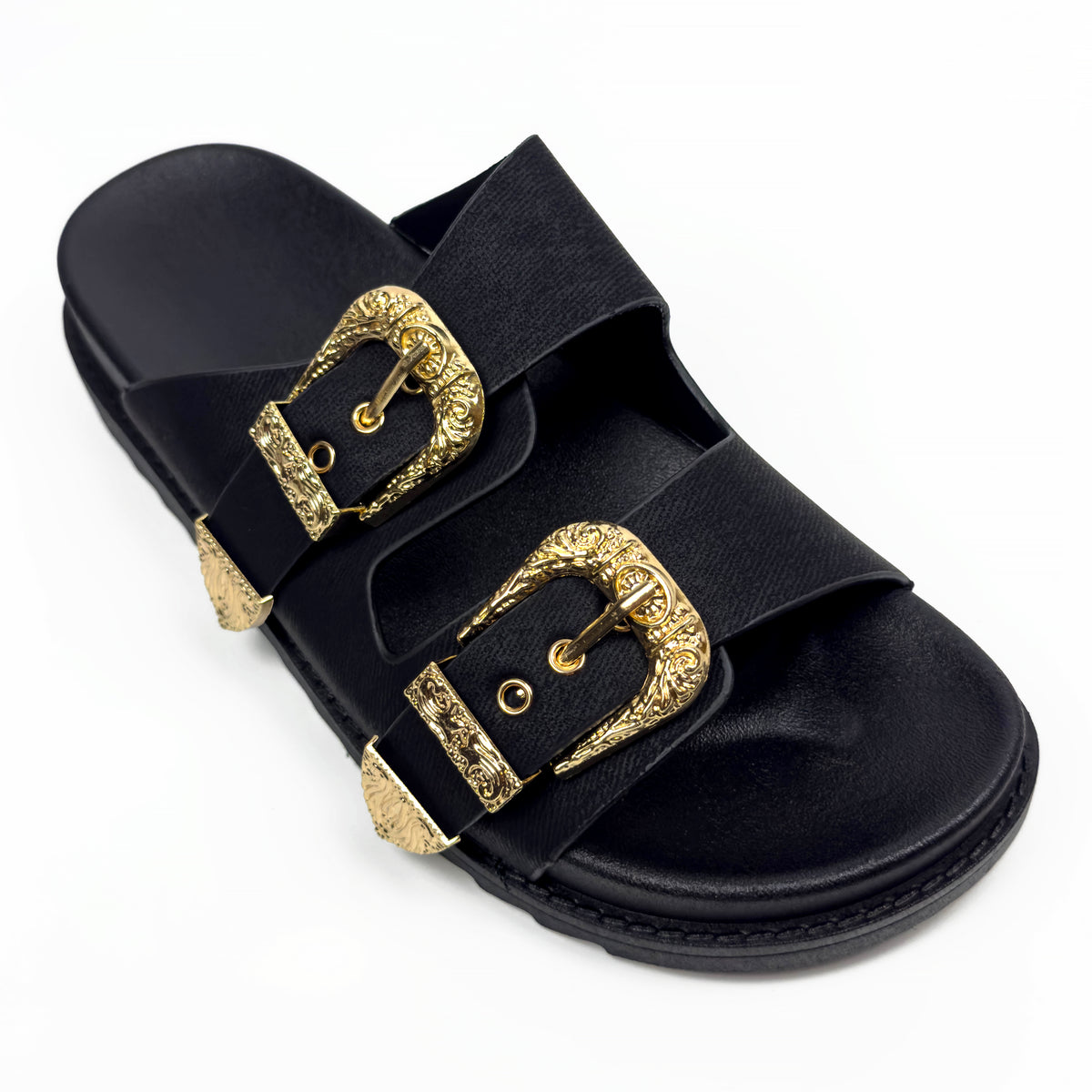 Sandales Mules à Double Bride et Boucles Dorées Cisclées