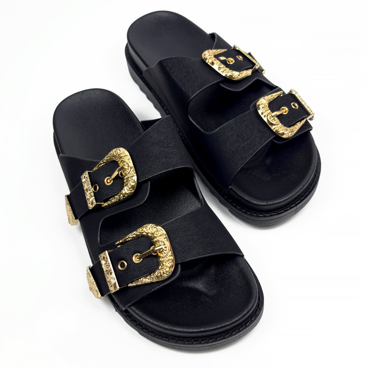 Sandales Mules à Double Bride et Boucles Dorées Cisclées