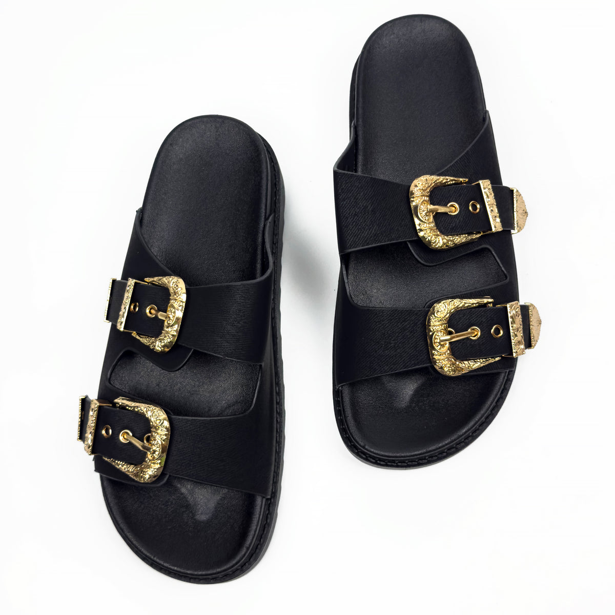 Sandales Mules à Double Bride et Boucles Dorées Cisclées