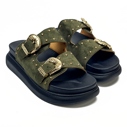 Sandales Plates Style Western à Double Boucle Dorée