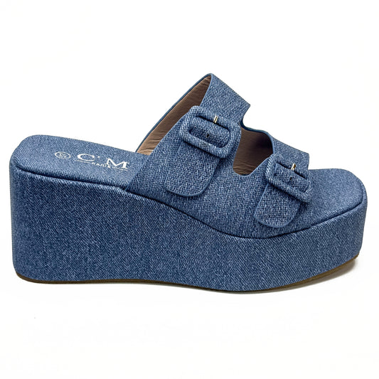 Sandales Compensées à Plateforme en Toile Denim