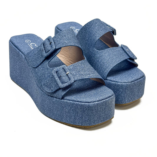 Sandales Compensées à Plateforme en Toile Denim