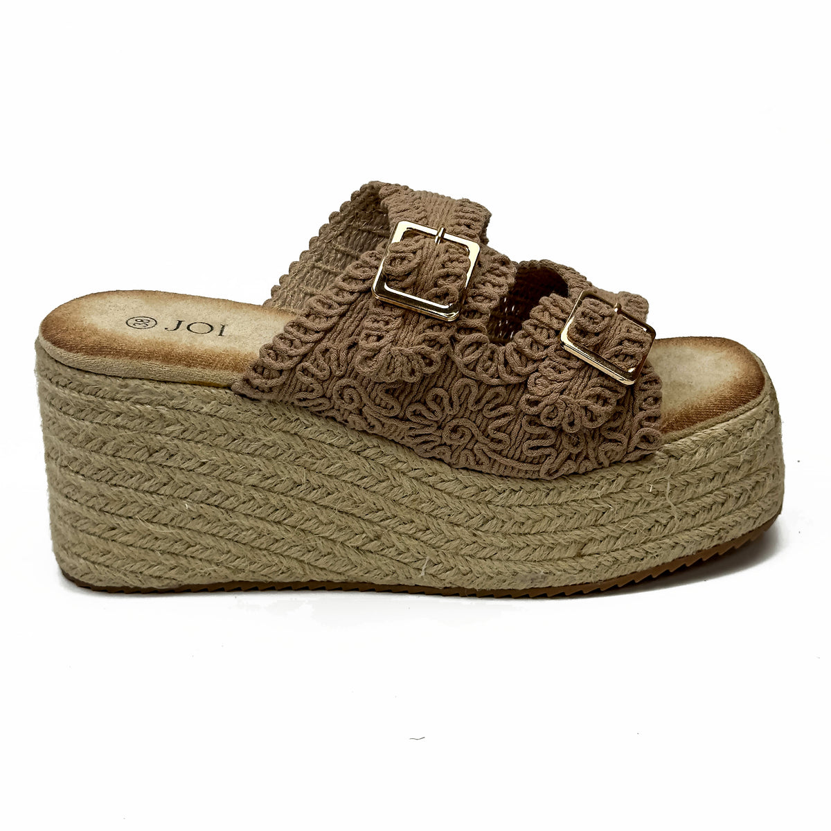 Sandales Compensées Style Espadrille en Crochet Crocheté & Boucles Dorées