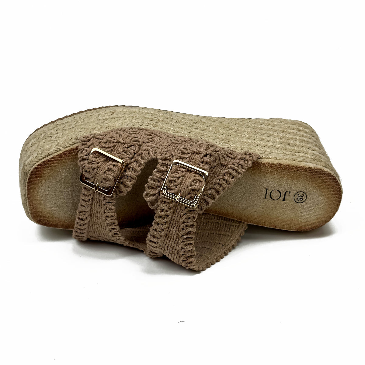 Sandales Compensées Style Espadrille en Crochet Crocheté & Boucles Dorées