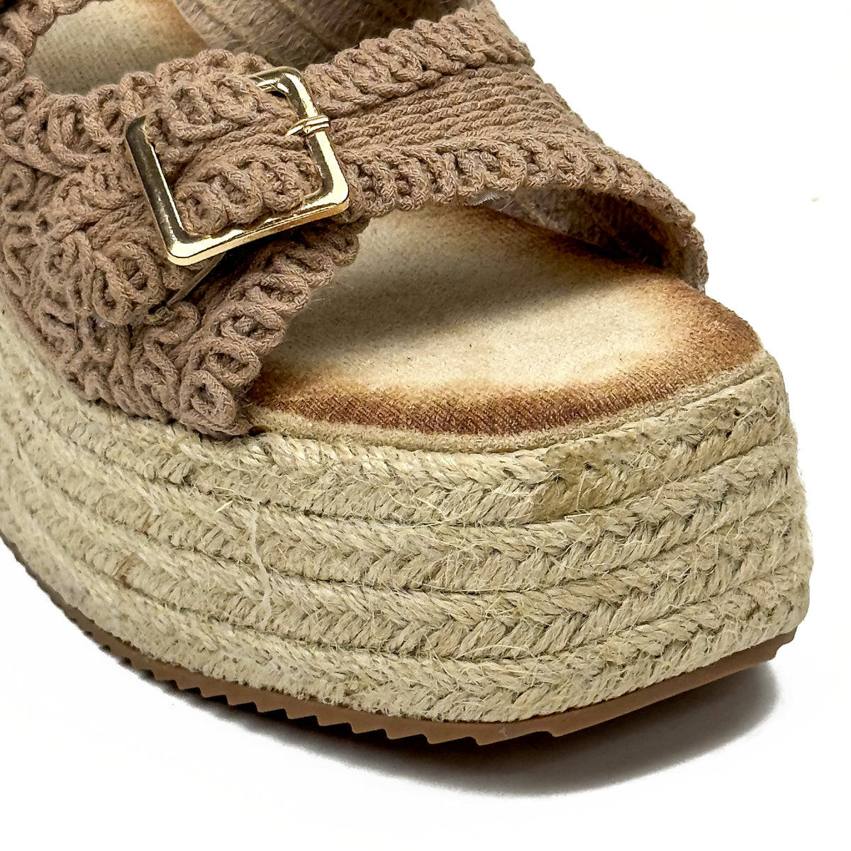 Sandales Compensées Style Espadrille en Crochet Crocheté & Boucles Dorées