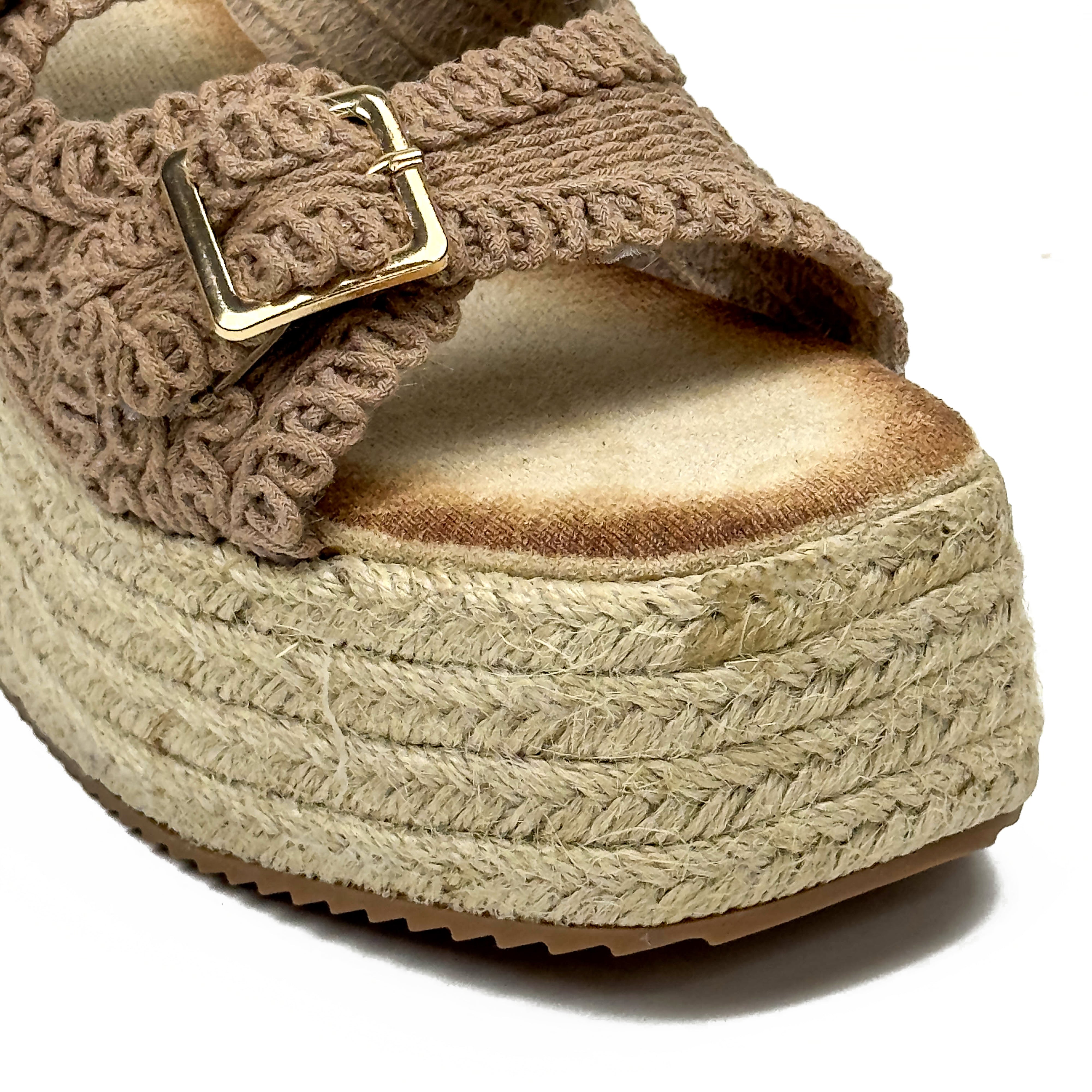 Sandales Compensées Style Espadrille en Crochet Crocheté & Boucles Dorées