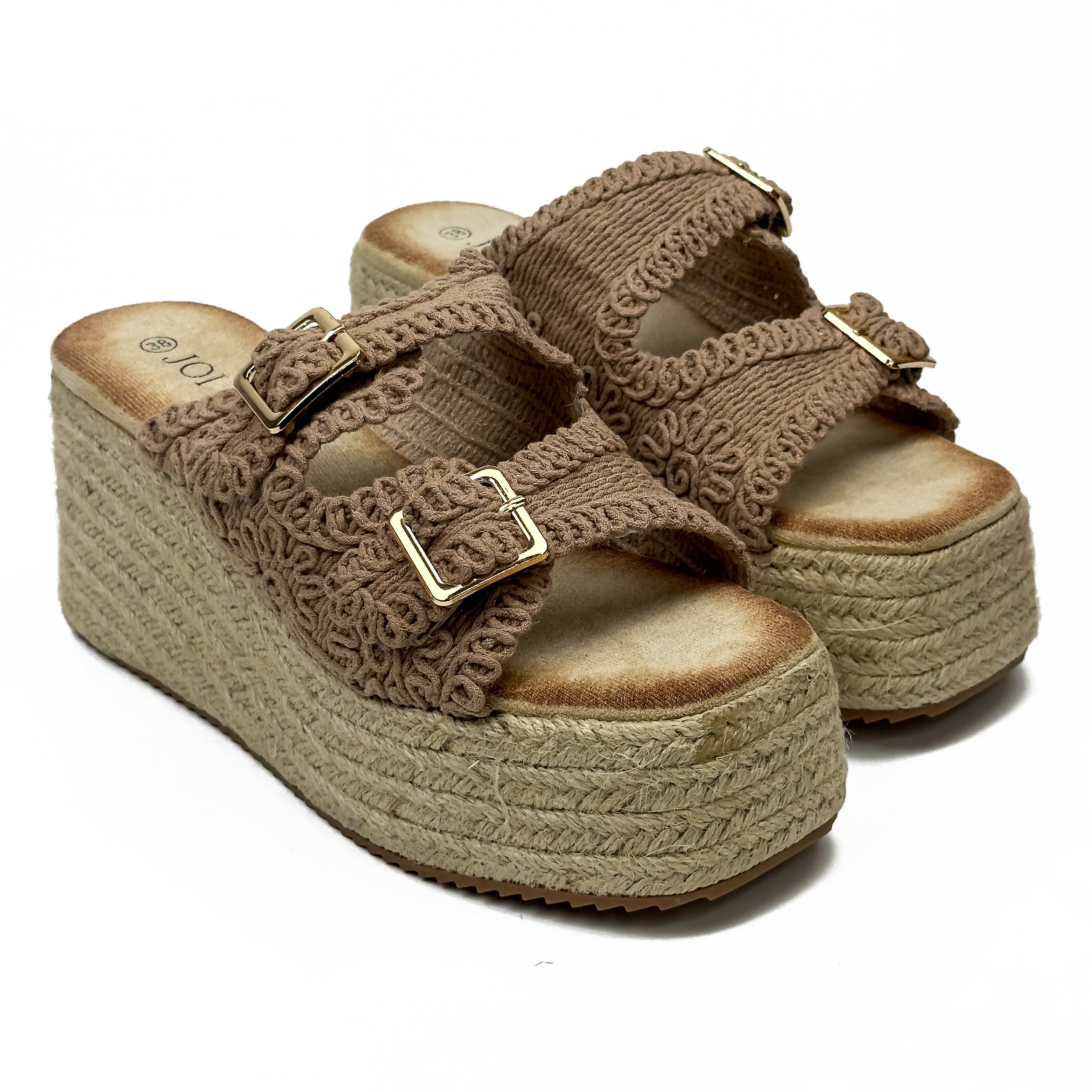 Sandales Compensées Style Espadrille en Crochet Crocheté & Boucles Dorées
