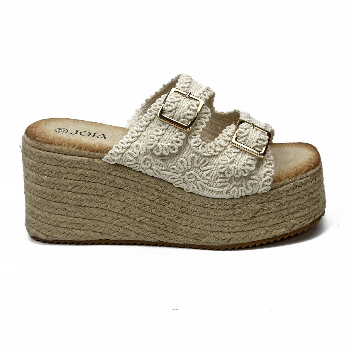 Sandales Compensées Style Espadrille en Crochet Crocheté & Boucles Dorées