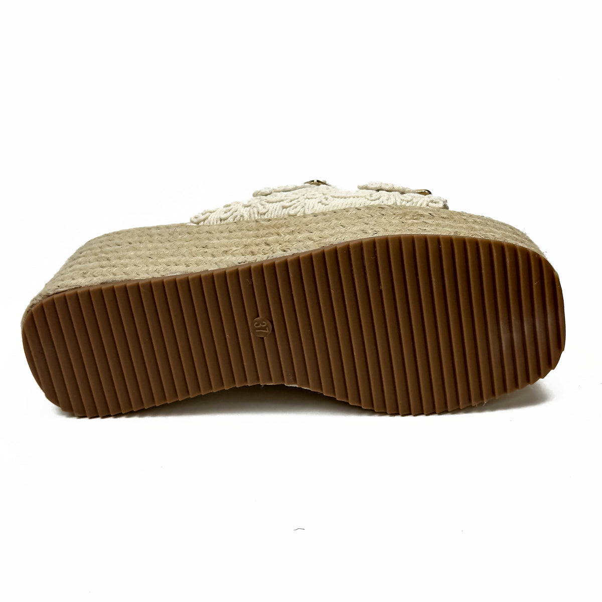 Sandales Compensées Style Espadrille en Crochet Crocheté & Boucles Dorées