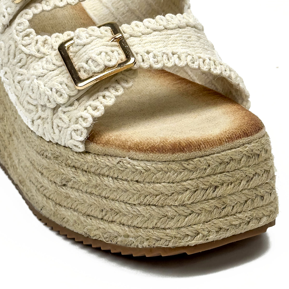 Sandales Compensées Style Espadrille en Crochet Crocheté & Boucles Dorées