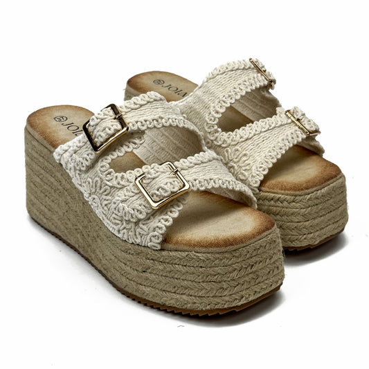 Sandales Compensées Style Espadrille en Crochet Crocheté & Boucles Dorées