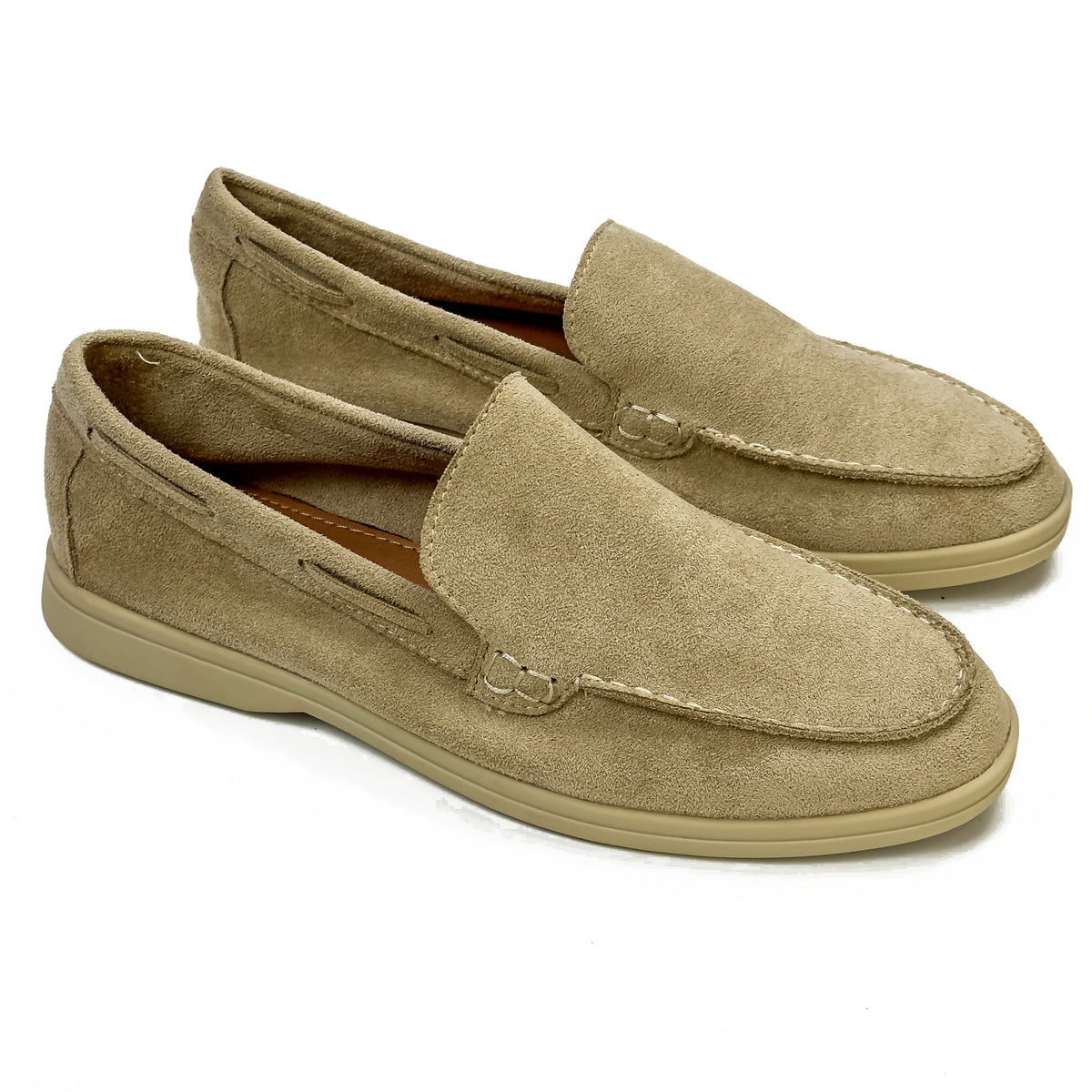 Mocassins femme aspect daim beige clair, vue de la paire – SELEX