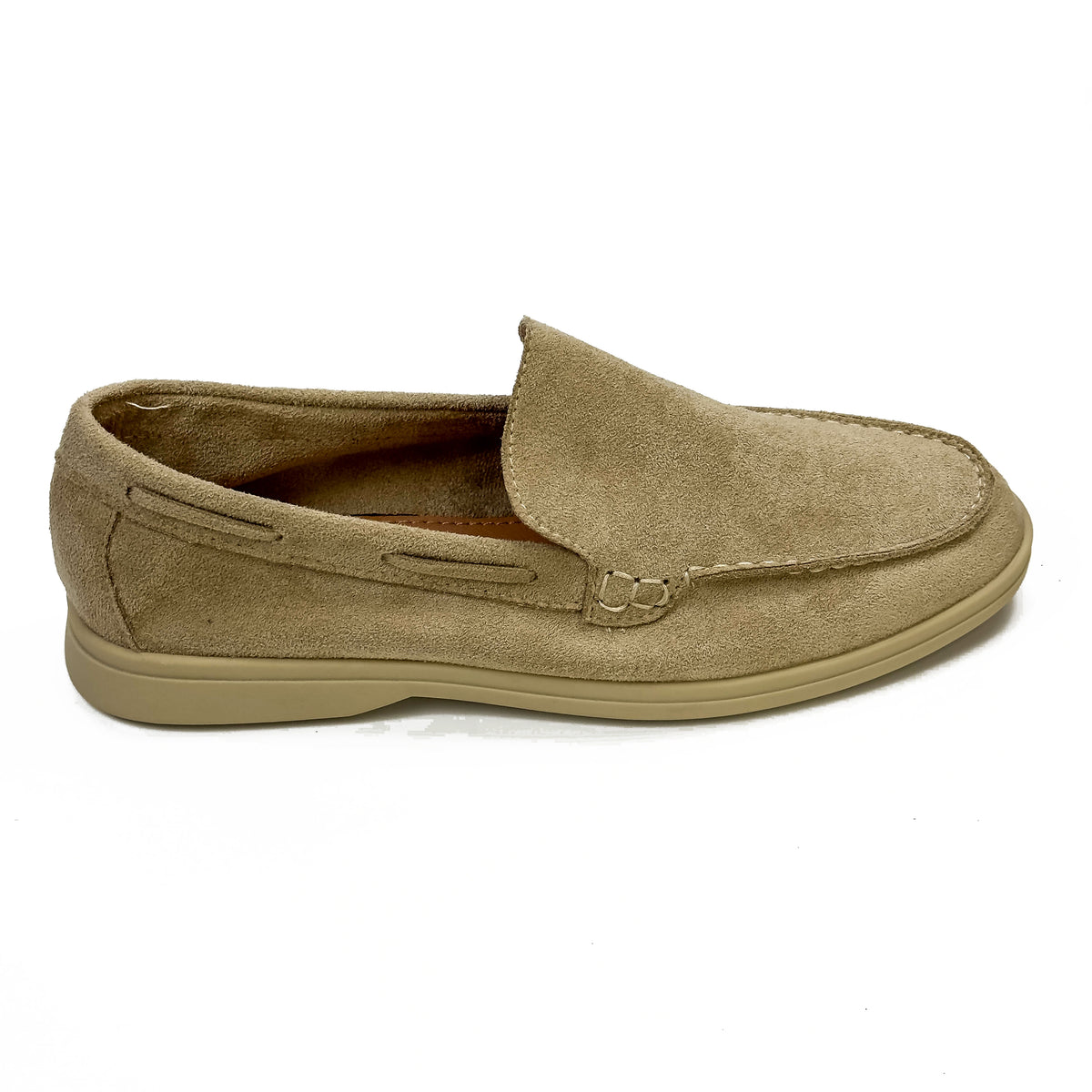 Mocassins femme aspect daim beige clair, vue de profil – SELEX