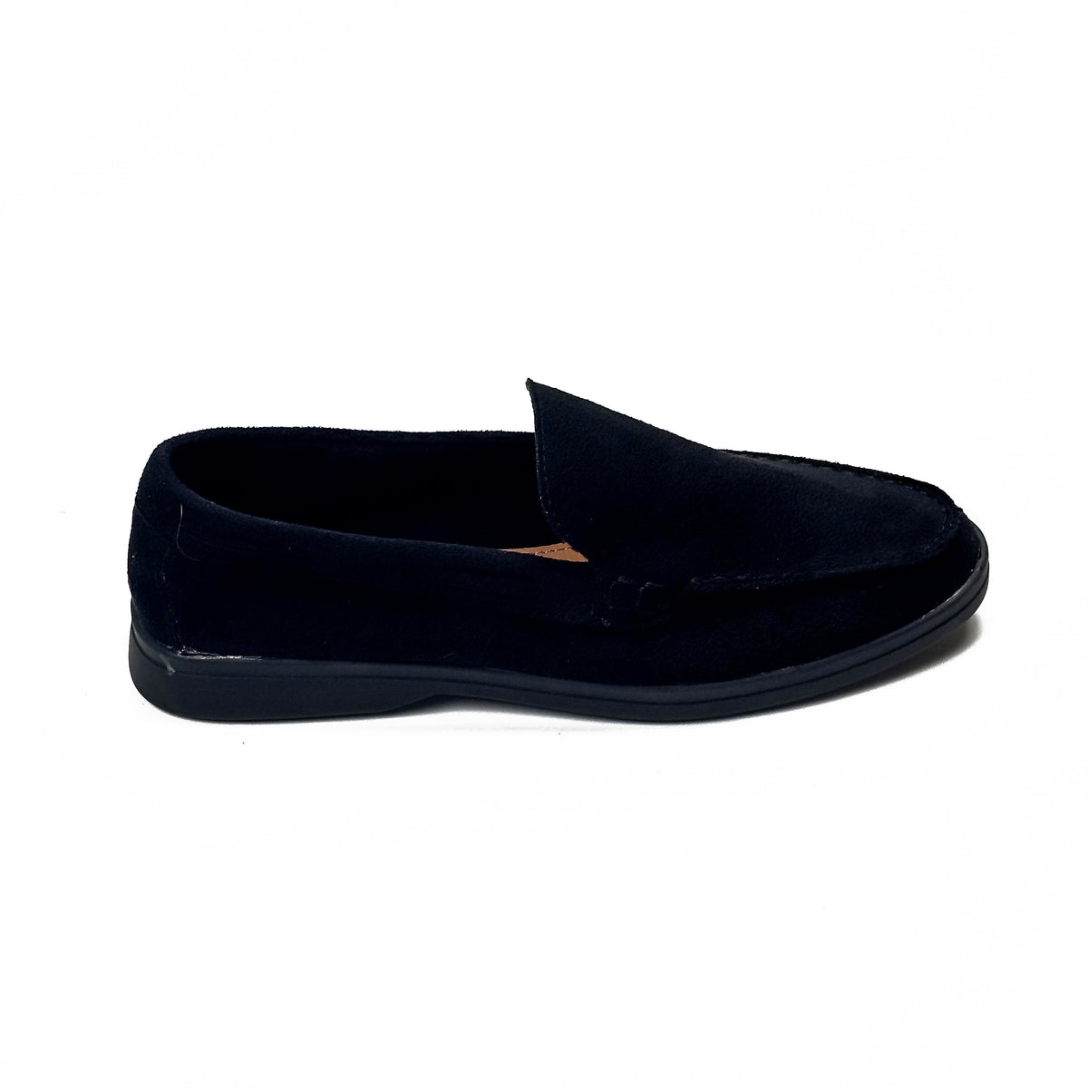 Mocassins femme aspect daim bleu marine, vue de profil – SELEX