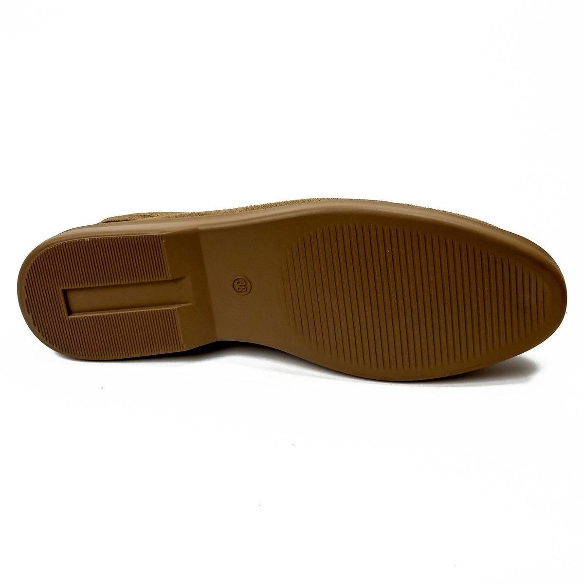 Mocassins femme aspect daim camel, vue de la semelle – SELEX