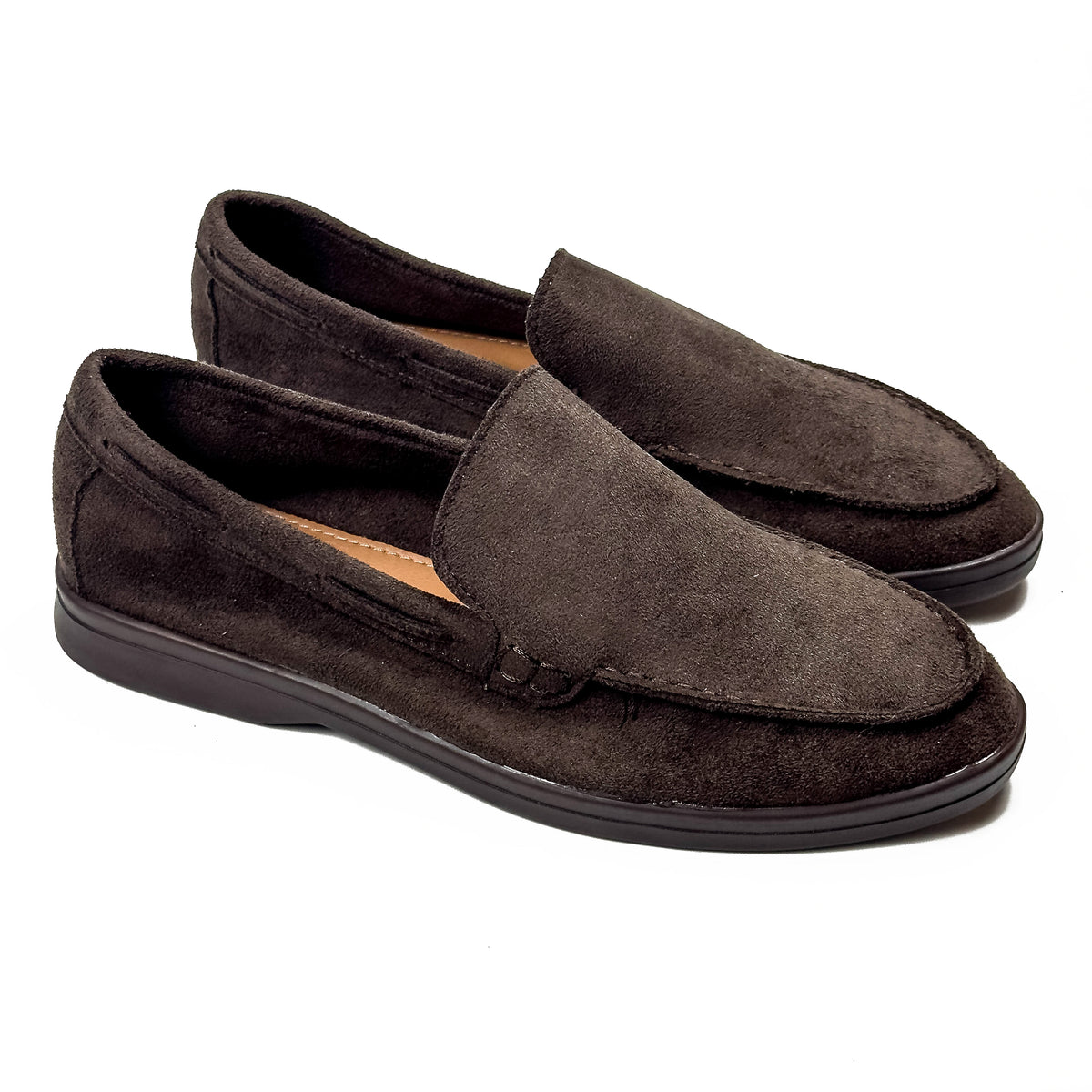 Mocassins femme aspect daim marron fonce, vue de la paire – SELEX