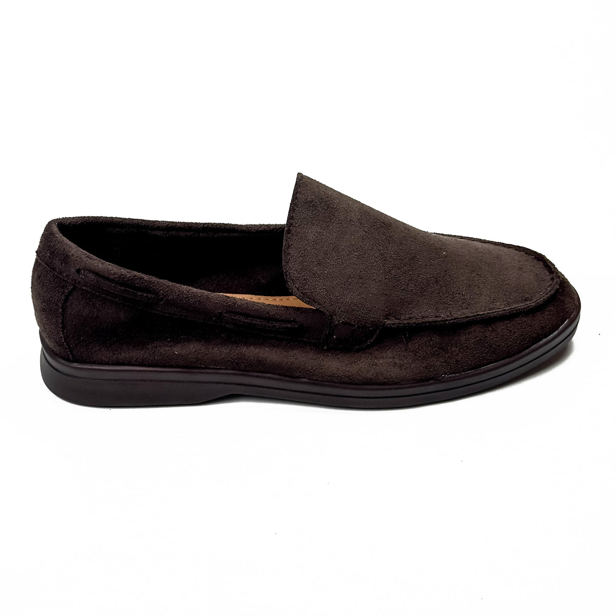 Mocassins femme aspect daim marron fonce, vue de profil – SELEX