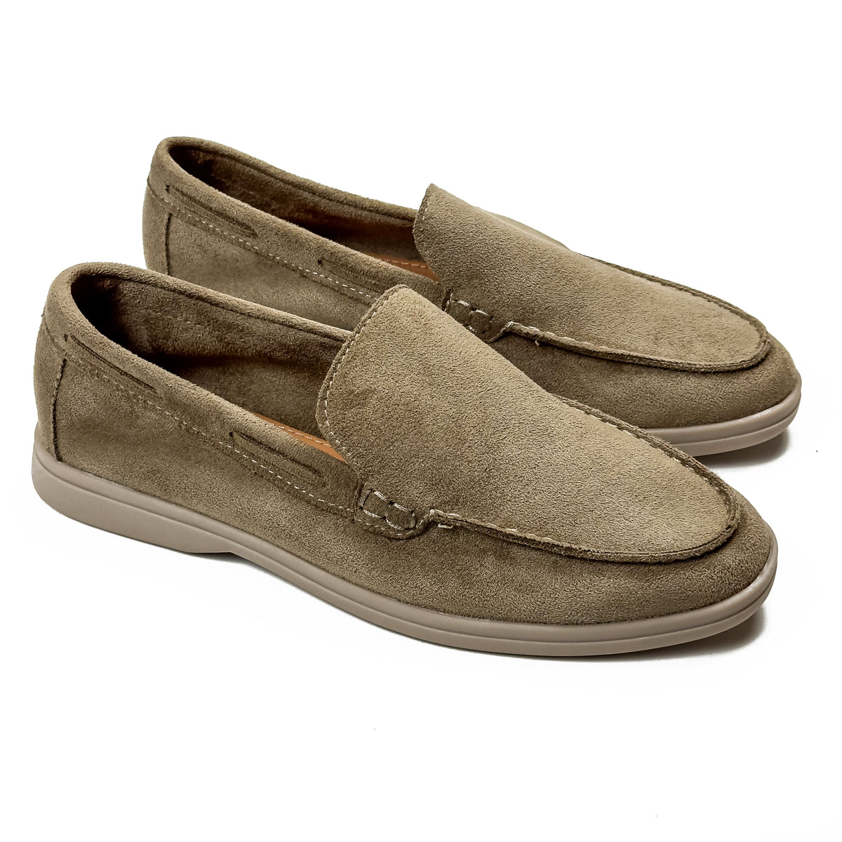 Mocassins femme aspect daim taupe, vue de la paire – SELEX