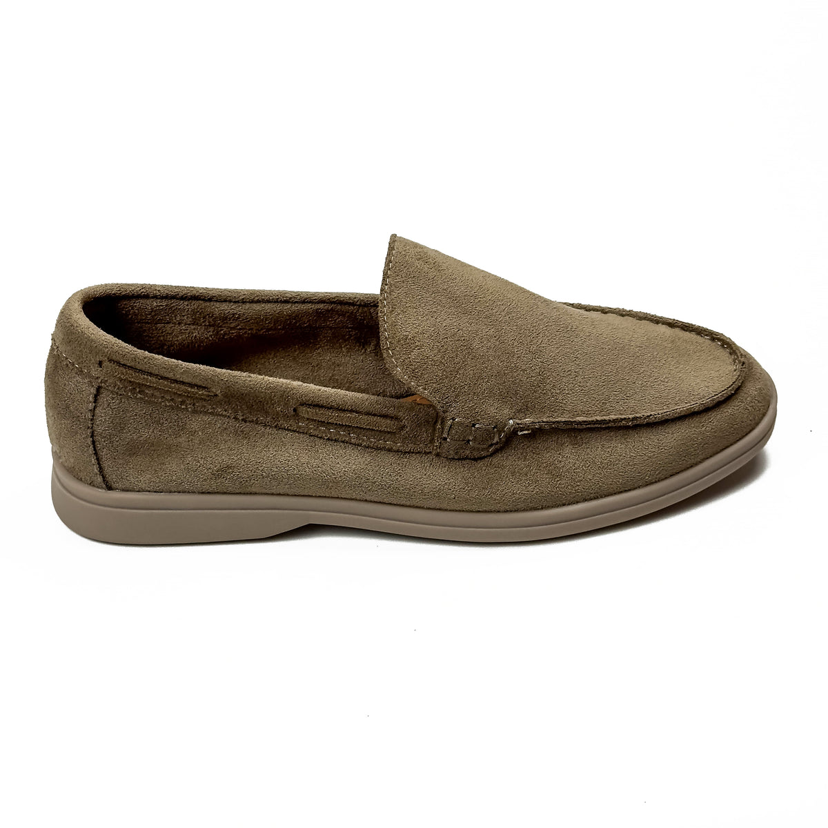 Mocassins femme aspect daim taupe, vue de profil – SELEX