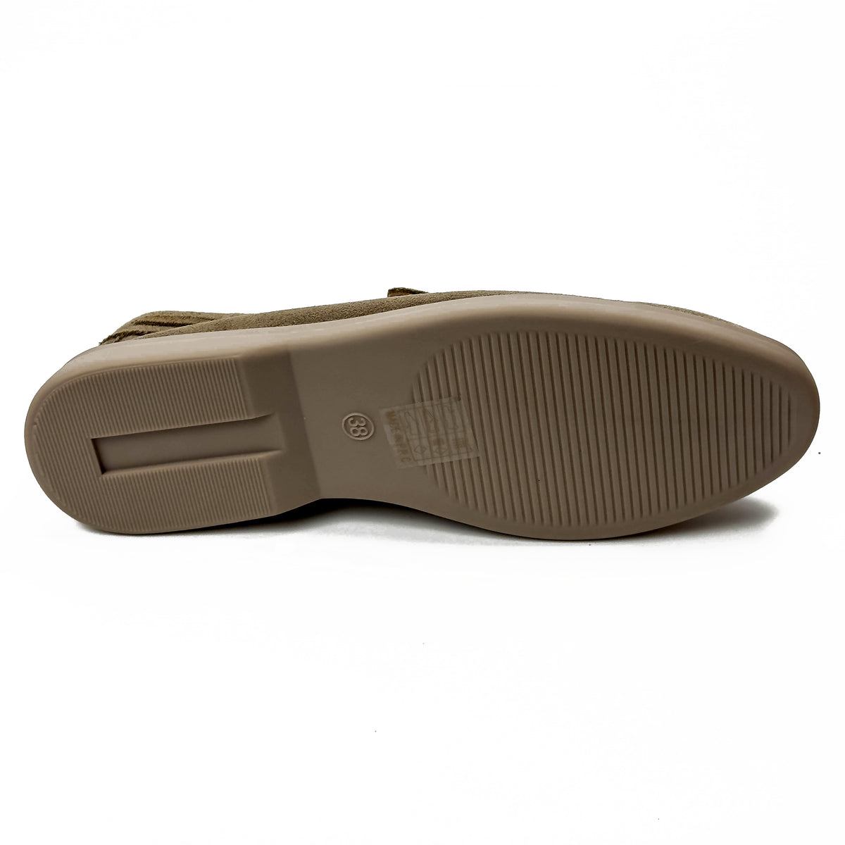 Mocassins femme aspect daim taupe, vue de la semelle – SELEX