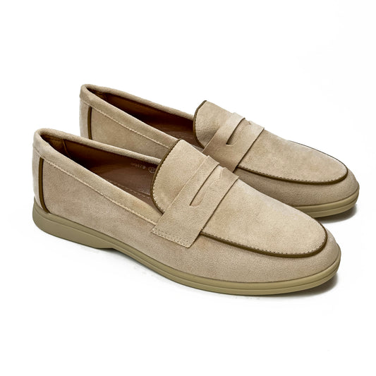Mocassins femme à bride aspect daim beige, vue de la paire – SELEX