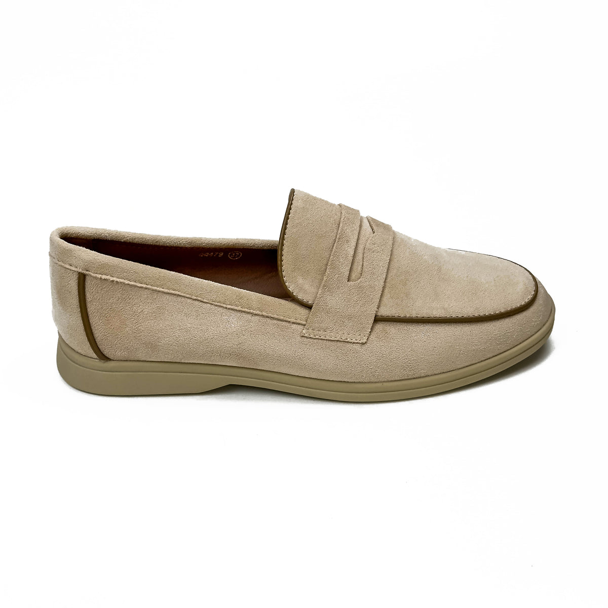 Mocassins femme à bride aspect daim beige, vue de profil – SELEX