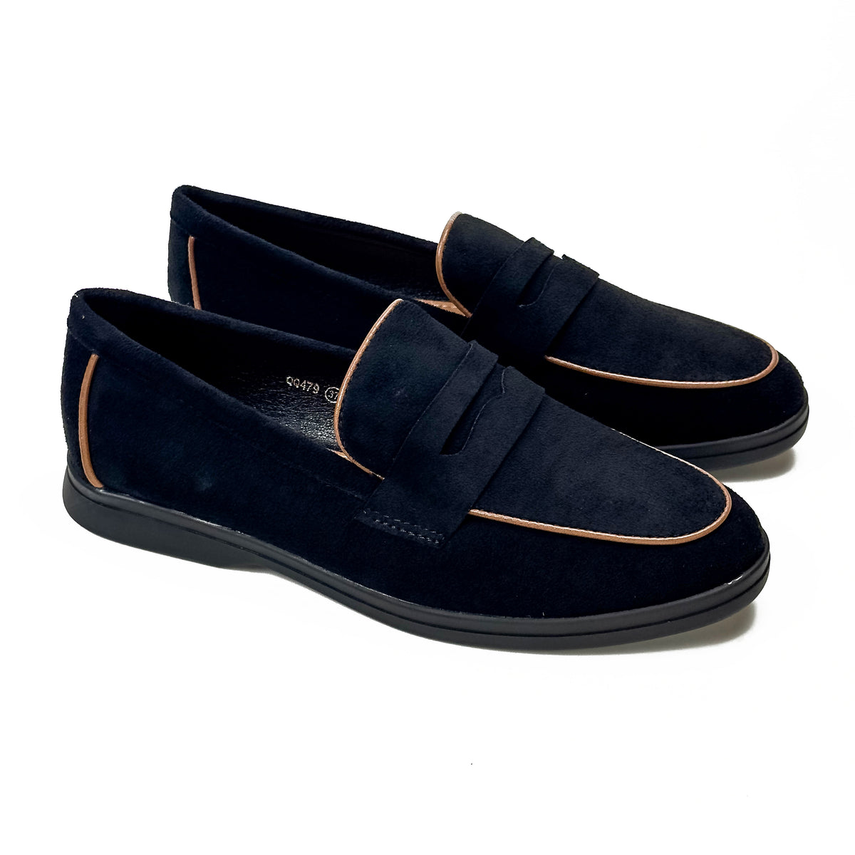 Mocassins femme à bride aspect daim bleu marine, vue de la paire – SELEX