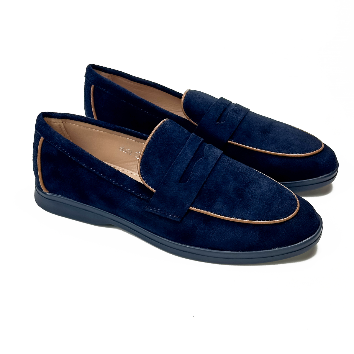 Mocassins femme à bride aspect daim bleu marine, vue de la paire – SELEX