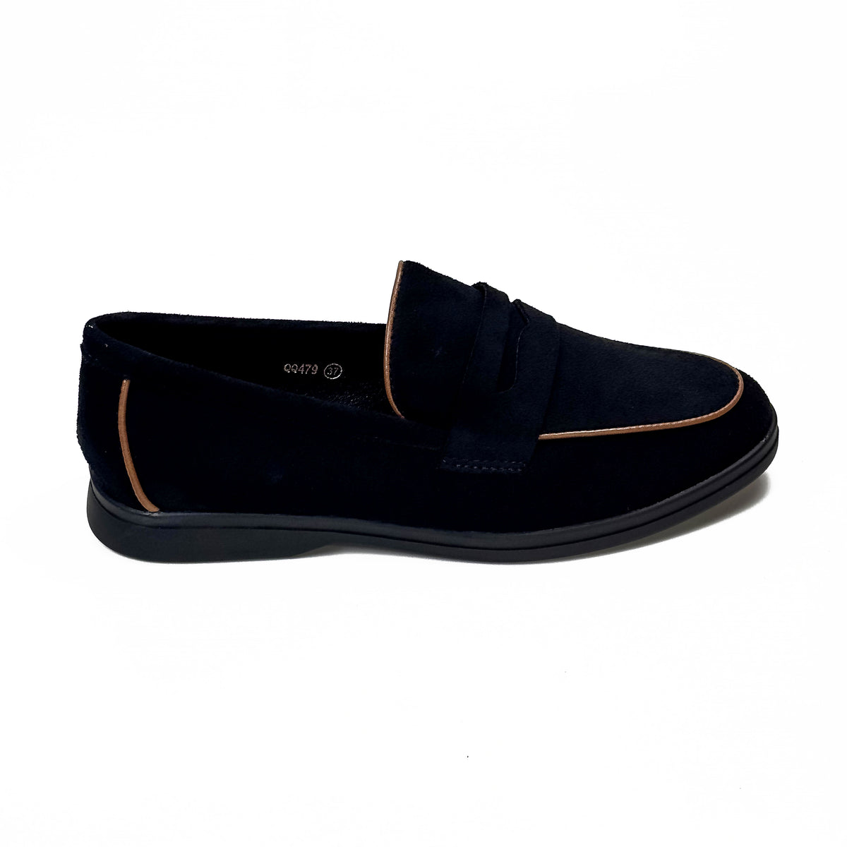 Mocassins femme à bride aspect daim bleu marine, vue de profil – SELEX