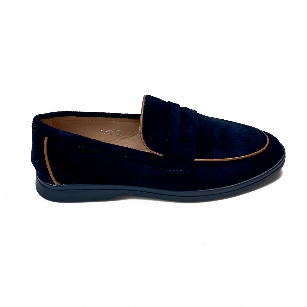 Mocassins femme à bride aspect daim bleu marine, vue de profil – SELEX