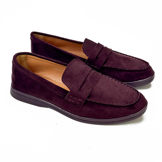 Mocassins femme à bride aspect daim bordeaux, vue de la paire – SELEX