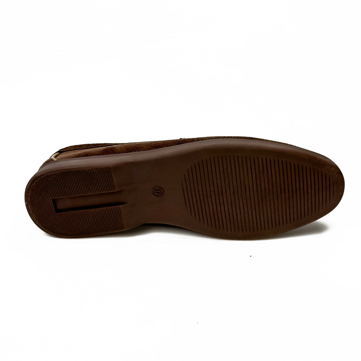 Mocassins femme à bride aspect daim marron, vue de la semelle – SELEX