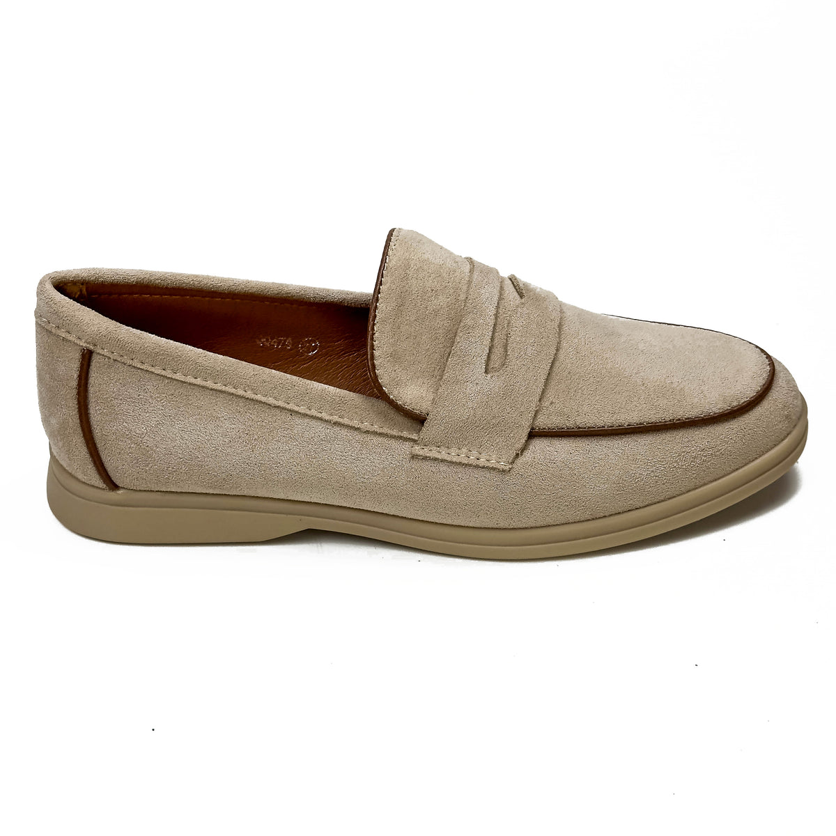 Mocassins femme à bride aspect daim taupe, vue de profil – SELEX