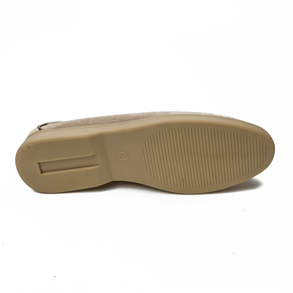 Mocassins femme à bride aspect daim taupe, vue de la semelle – SELEX