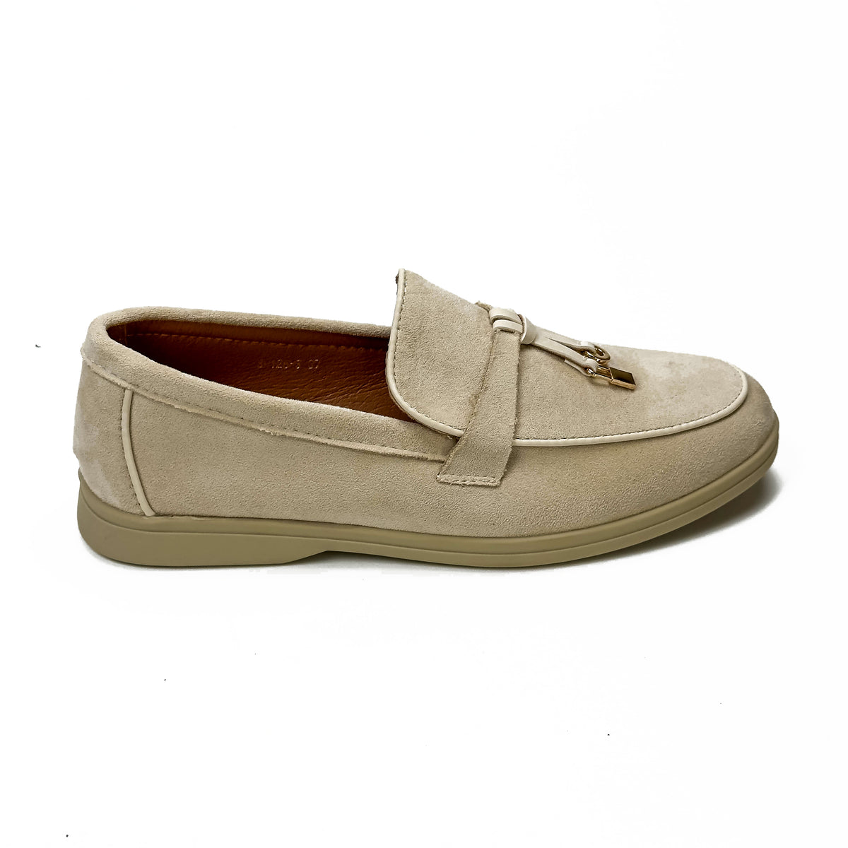 Mocassins femme beige à bride et ornement métallique, vue de profil – SELEX