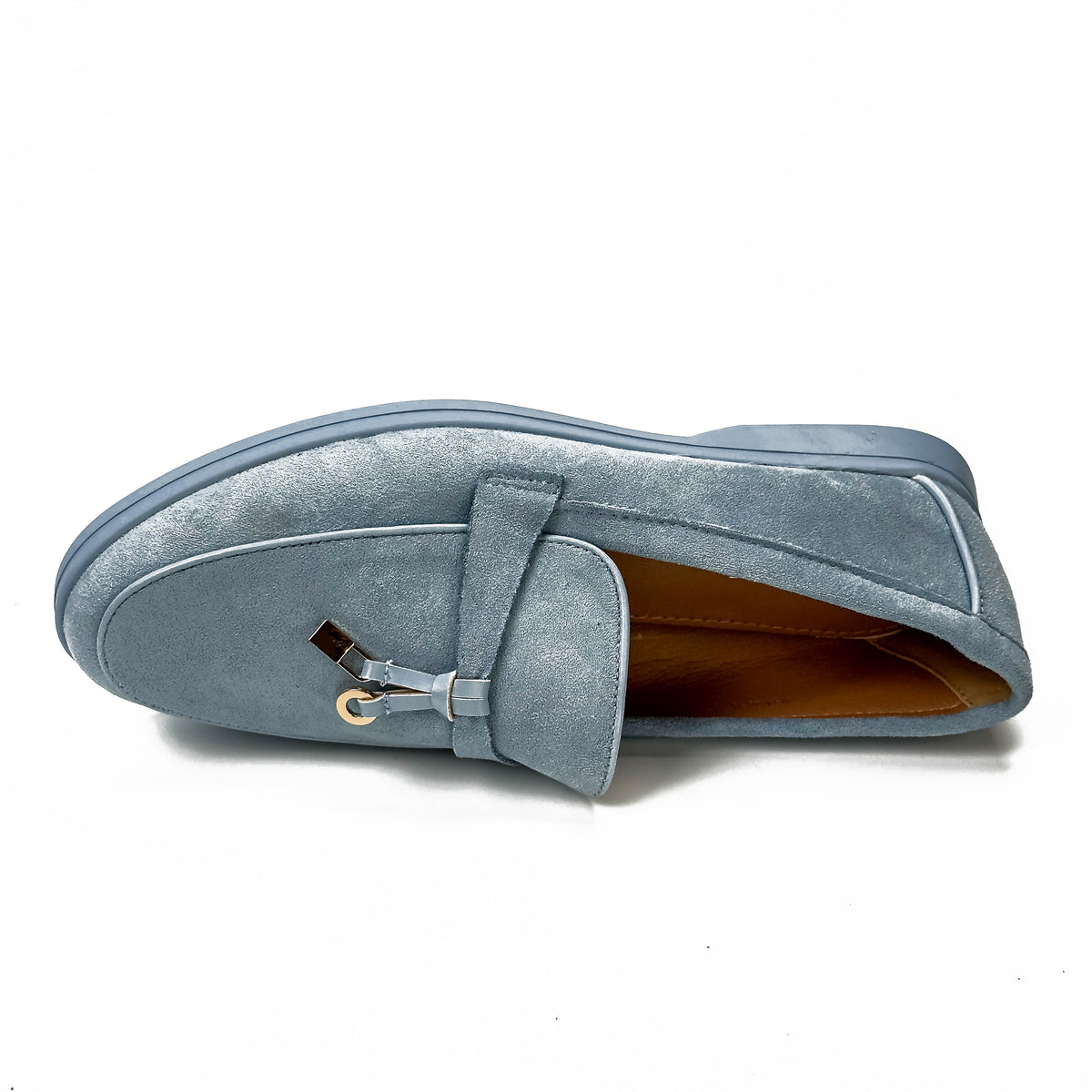 Mocassins femme bleu clair à bride et ornement métallique, vue de dessus – SELEX