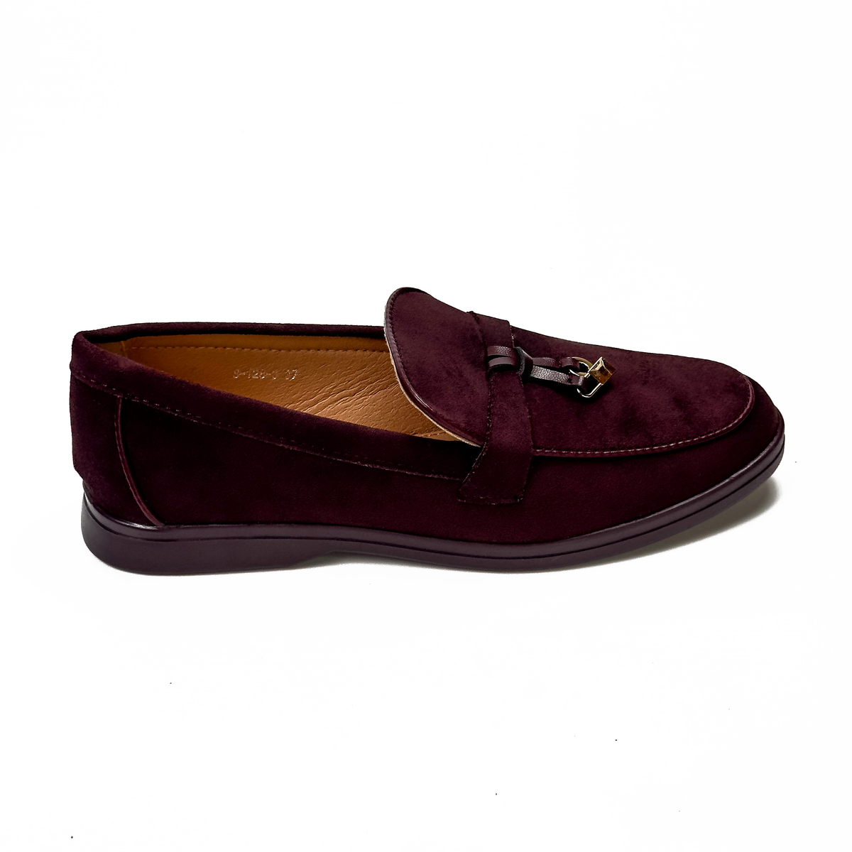 Mocassins femme bordeaux à bride et ornement métallique, vue de profil – SELEX