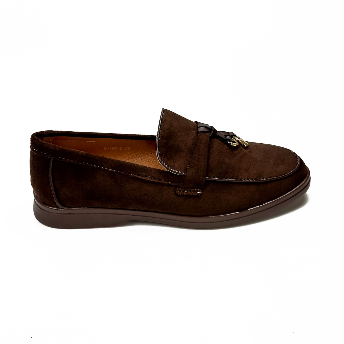 Mocassins femme marron à bride et ornement métallique, vue de profil – SELEX