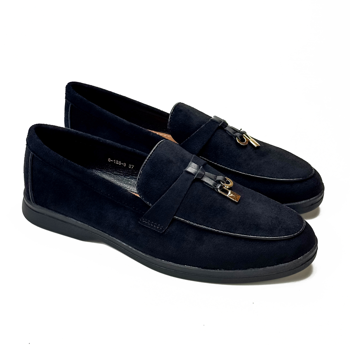Mocassins femme noir à bride et ornement métallique, vue de la paire – SELEX