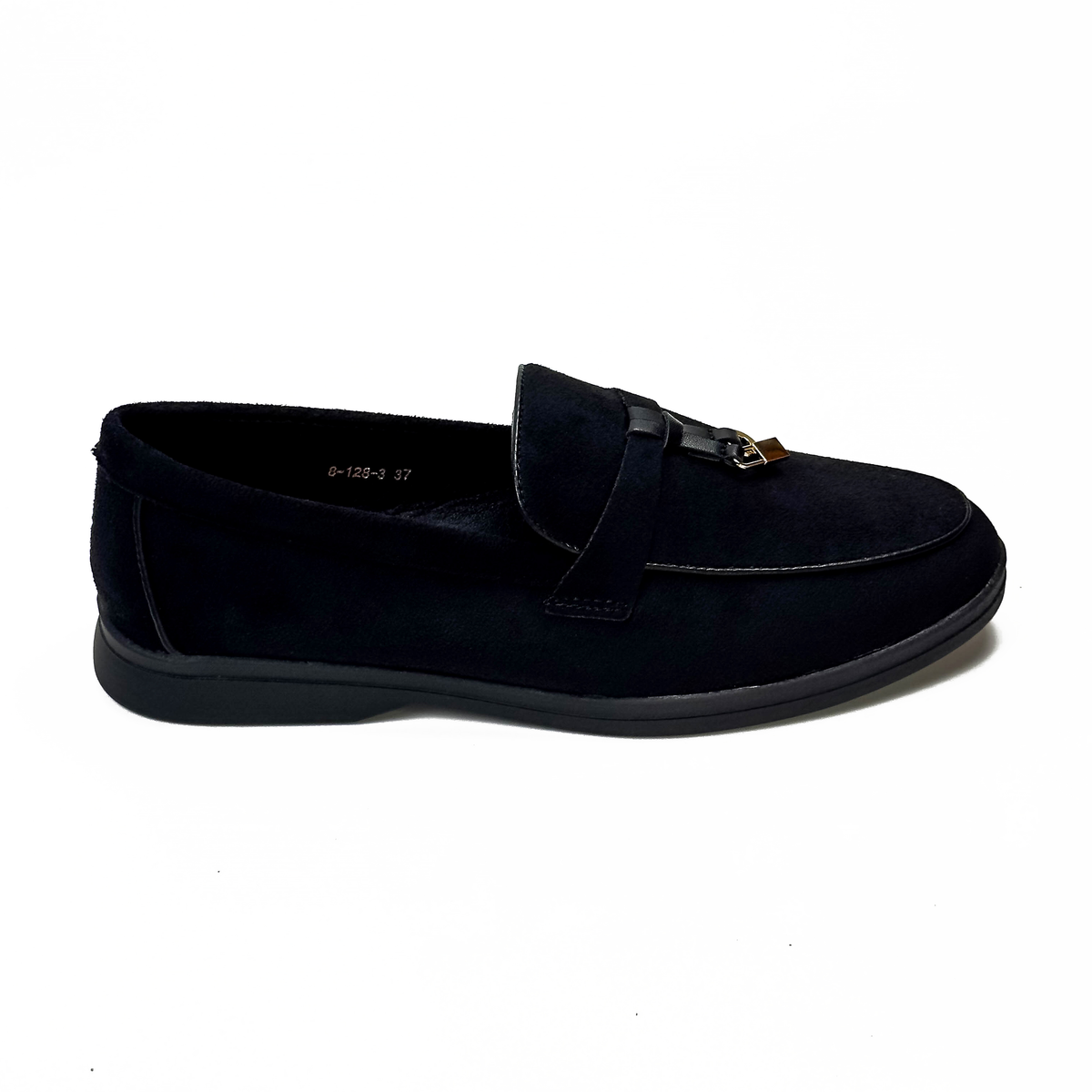 Mocassins femme noir à bride et ornement métallique, vue de profil – SELEX