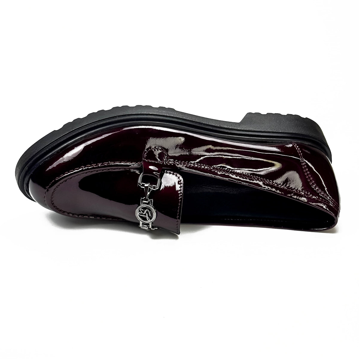 Mocassins femme en cuir 100 % bordeaux à chaîne métallique, vue de dessus – SELEX