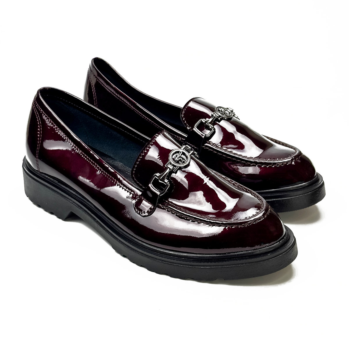 Mocassins femme en cuir 100 % bordeaux à chaîne métallique, vue de la paire – SELEX