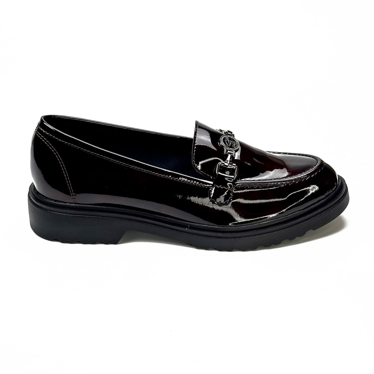 Mocassins femme en cuir 100 % bordeaux à chaîne métallique, vue de profil – SELEX