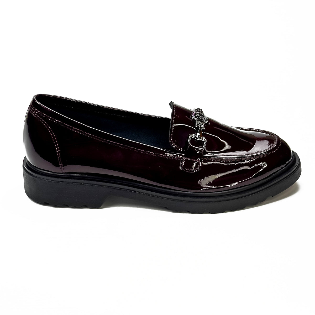 Mocassins femme en cuir 100 % bordeaux à chaîne métallique, vue de profil – SELEX