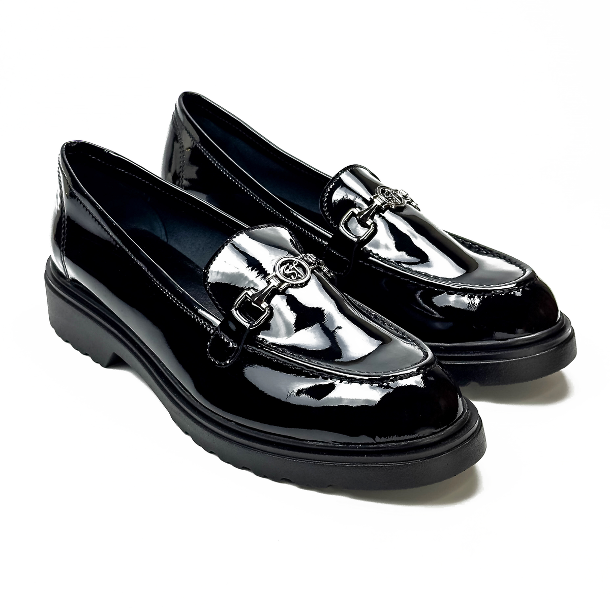 Mocassins femme en cuir 100 % noir à chaîne métallique, vue de la paire – SELEX