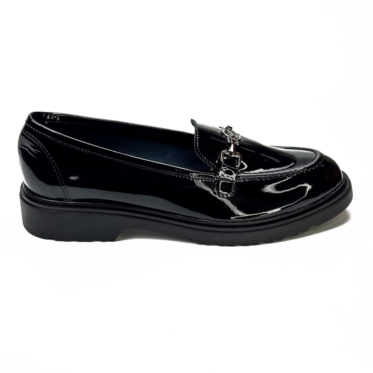 Mocassins femme en cuir 100 % noir à chaîne métallique, vue de profil – SELEX