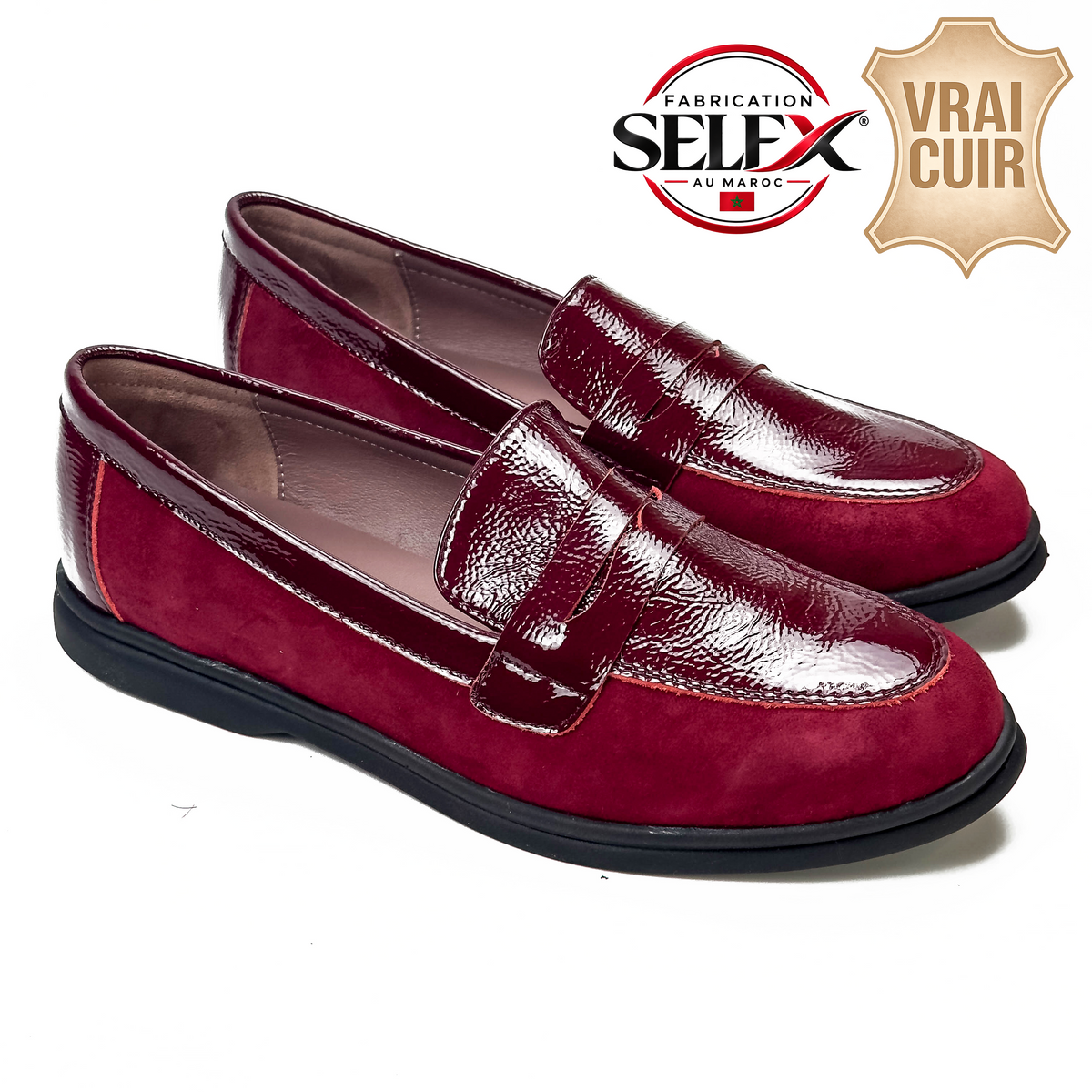 Mocassins femme en cuir 100 % bordeaux à empiècements contrastés, vue de la paire – SELEX