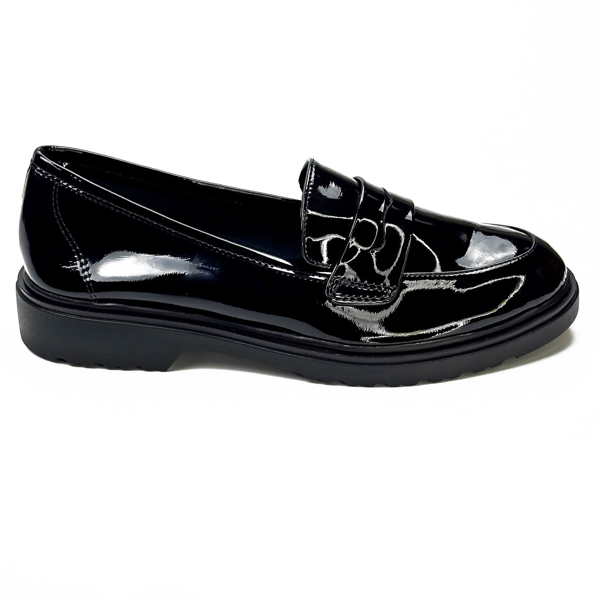 Mocassins femme en cuir 100 % noir finition vernie, vue de profil – SELEX